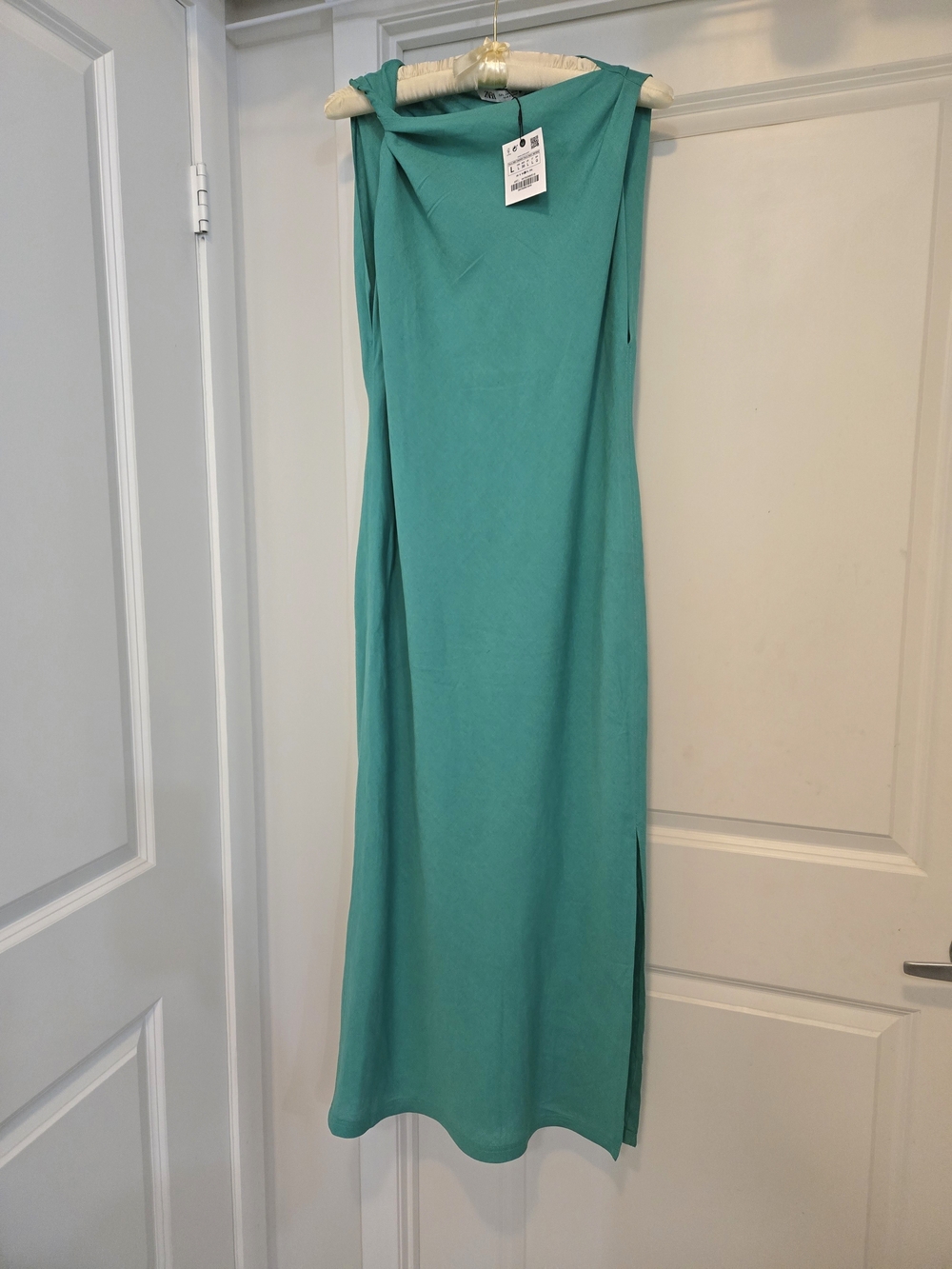 Zara Gathered Linen Blend Dress in a vibrant green-blue  Size L